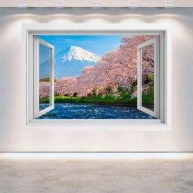 Ventanas 3D Monte Fuji Árboles Flor De Cerezo