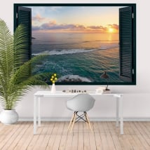 Vinilos de pared ventana atardecer Isla Tropical 3D