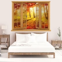 Vinilos atardecer árboles otoño ventana 3D