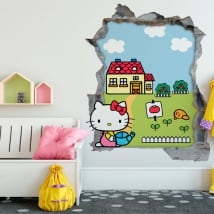 Vinilos hello kitty agujero pared 3d