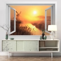 Vinilos paredes ventana 3d atardecer molino holanda