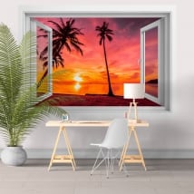 Ventanas de vinilos 3d palmeras atardecer en la playa