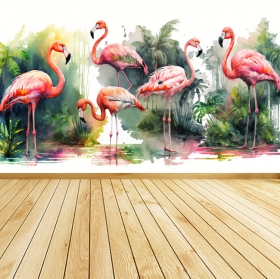 Papel pintado o fotomural paisaje tropical con flamingos