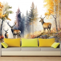 Papel pintado o fotomural acuarela bosque otoñal con renos