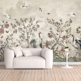 Papel pintado o fotomural dibujo paisaje plantas y aves
