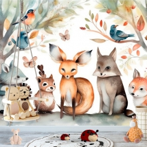 Papel pintado o fotomural ilustración infantil acuarela animales y aves árboles