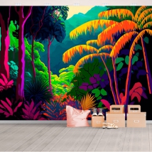 Fotomural o papel pintado ilustración selva tropical colorida