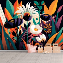Papel pintado o fotomural dibujo flores y plantas modernas