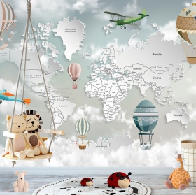 Fotomural o papel pintado mapamundi viajes globos y aviones