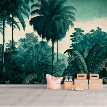 Papel pintado o fotomural ilustración selva tropical clásica con palmeras