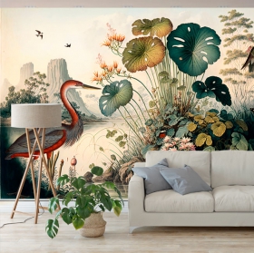 Papel pintado o fotomural ilustración vintage paisaje humedal aves mariposas