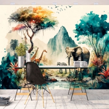 Fotomural o papel pintado acuarela paisaje sabana elefantes cebras montañas