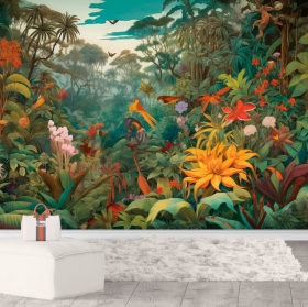 Papel pintado o fotomural dibujo selva tropical con flores y aves juvenil