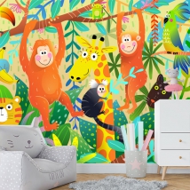 Papel pintado o fotomural dibujo infantil animales en la selva monos jirafa pantera