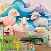 Papel pintado o fotomural dibujo acuarela infantil ovejas dulces sueños