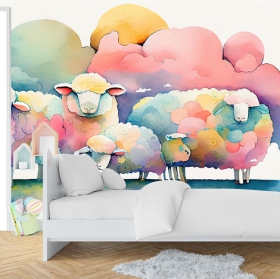 Papel pintado o fotomural dibujo acuarela infantil familia ovejas nubes