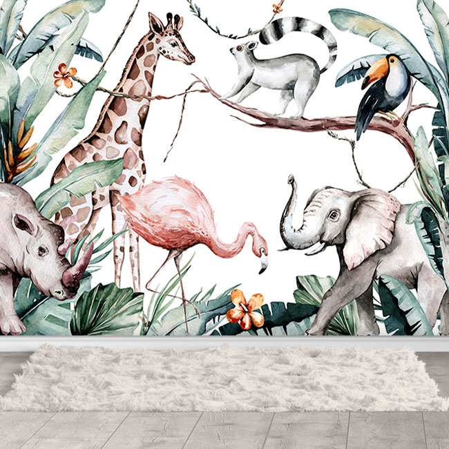 Mural Adhesivo Animales Acuarela Retro