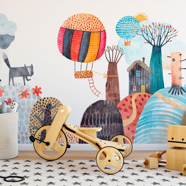 Papel pintado infantil - Viaje en globo - Wellpapers