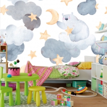 Papel pintado o fotomural dibujo infantil dulces sueños oso en nubes estrellas y luna