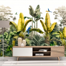 Fotomural o papel pintado ilustración selva tropical con guacamayos mariposas y palmeras