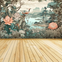 Fotomural o papel pintado dibujo vintage grulla lago plantas y flores