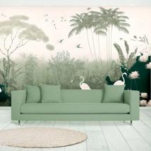 Fotomural o papel pintado dibujo vintage tropical con palmeras flamingos y aves