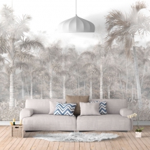 Papel pintado o fotomural dibujo paisaje tropical con palmeras tonos sepia