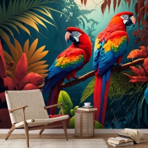 Fotomural o papel pintado ilustración guacamayos en selva tropical