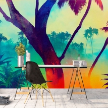 Fotomural o papel pintado dibujo paisaje tropical árboles y palmeras colorido degradado moderno
