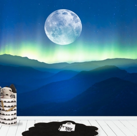 Fotomural o papel pintado luna llena sobre las montañas y aurora boreal