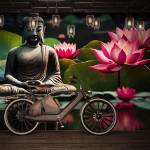 Fotomural o papel pintado imagen zen buda y flores de loto en estanque