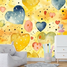 Papel pintado o fotomural dibujo corazones en acuarela infantil