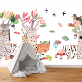 Papel pintado o fotomural dibujo infantil acuarela de bosque y animales