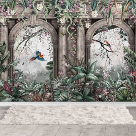 Fotomural o papel pintado ruinas en la selva con guacamayos aves plantas y flores