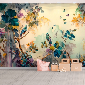Fotomural o papel pintado dibujo acuarela selva tropical con aves mariposa flores y árboles