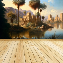 Fotomural o papel pintado templo oriental a orillas del río con palmeras