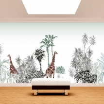 Papel pintado o fotomural dibujo horizonte africano con plantas palmeras jirafas y zebras