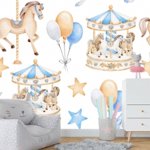 Fotomural o papel pintado ilustración infantil carrousel estrellas y globos