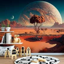 Papel pintado o fotomural paisaje planeta rojo ciencia ficción dos lunas