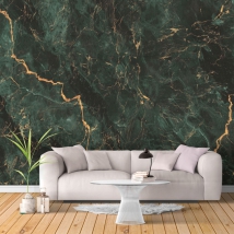 Fotomural o papel pintado marmol verde esmeralda oscuro con textura dorada decoración
