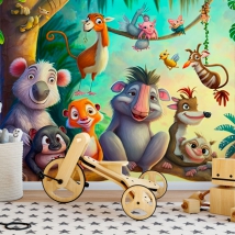 Papel pintado o fotomural ilustración amigos animales en el bosque infantil