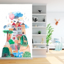 Papel pintado o fotomural ilustración infantil castillo de cuento con globo y animales acuarela